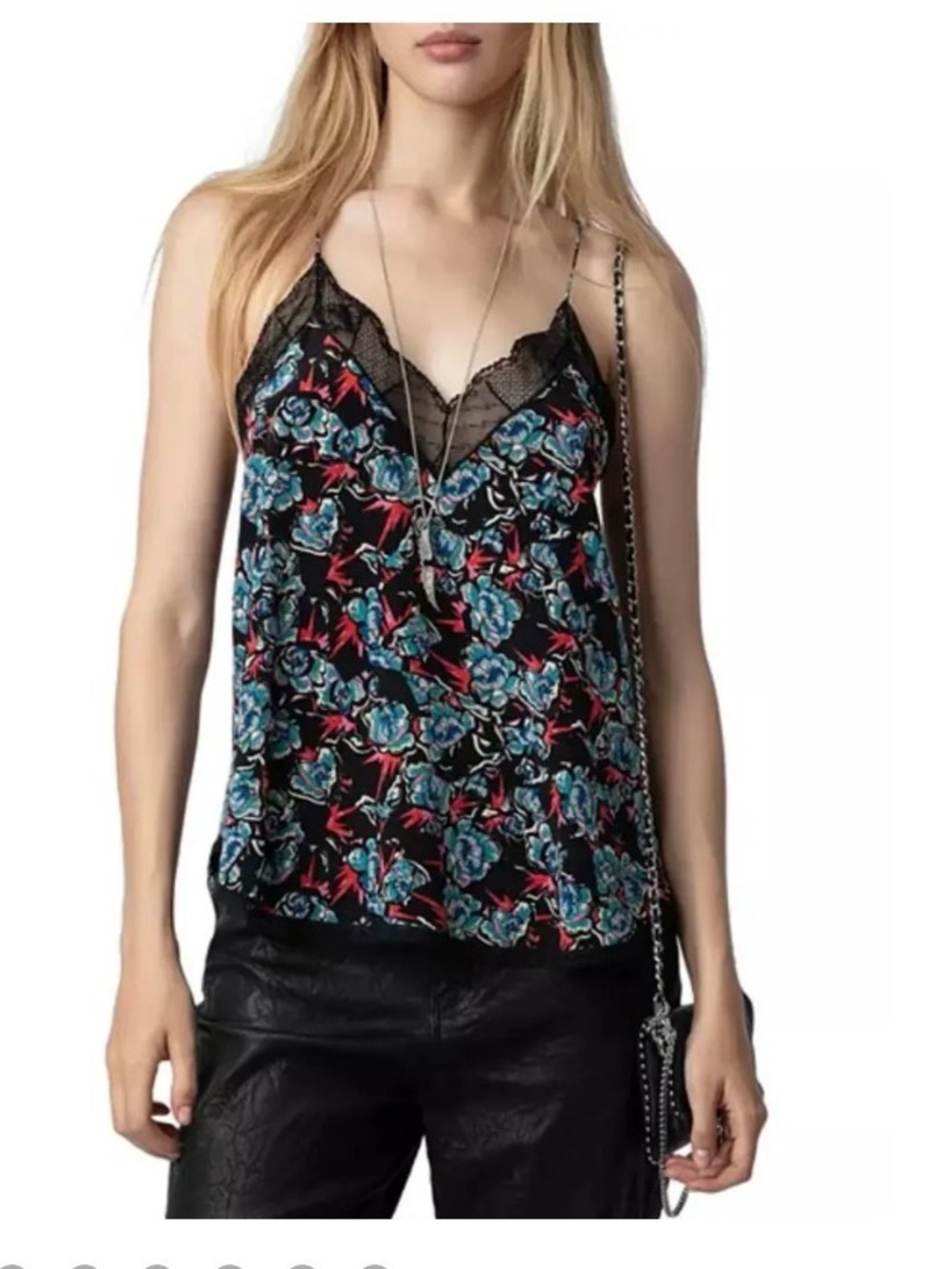 Zadig & Voltaire Black Floral Lace-Trim Silk Cami